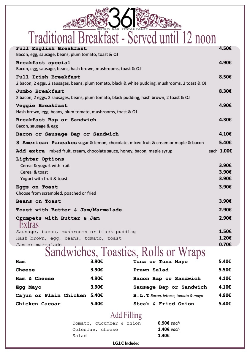 361 Breakfast and Snacks Menu