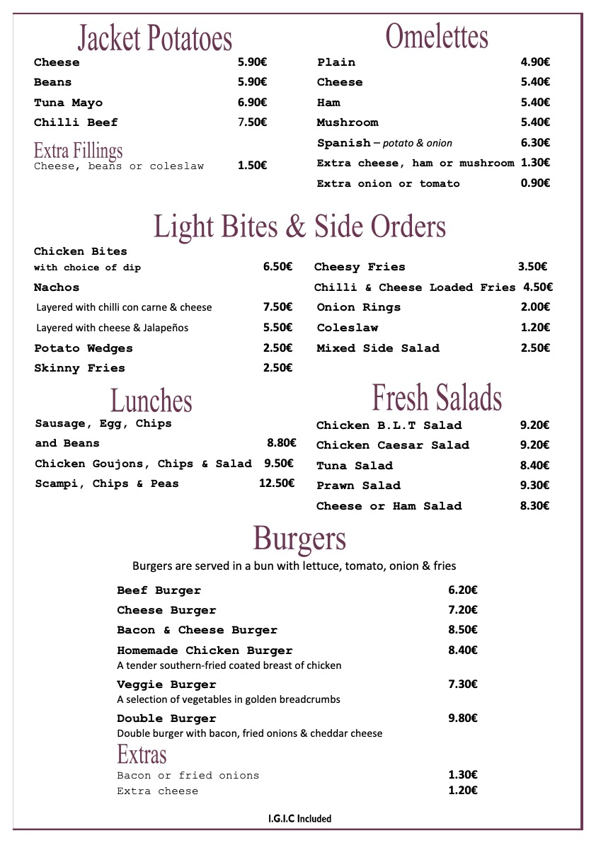 361 Breakfast and Snacks Menu